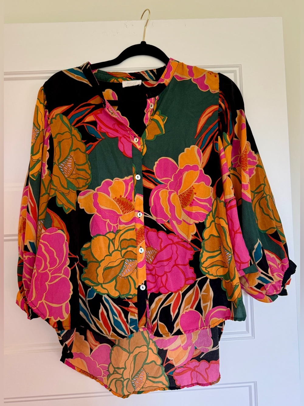 ODDI Women’s Vibrant Floral Button-Front Blouse - Pink, Orange & Green - Size S